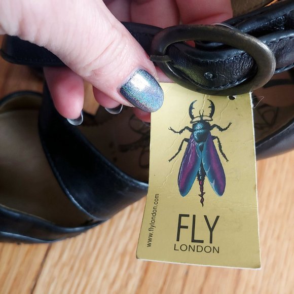 [SOLD] Fly London Black leather Mary Jane Cross Strap Wedge Heels - Picture 6 of 16